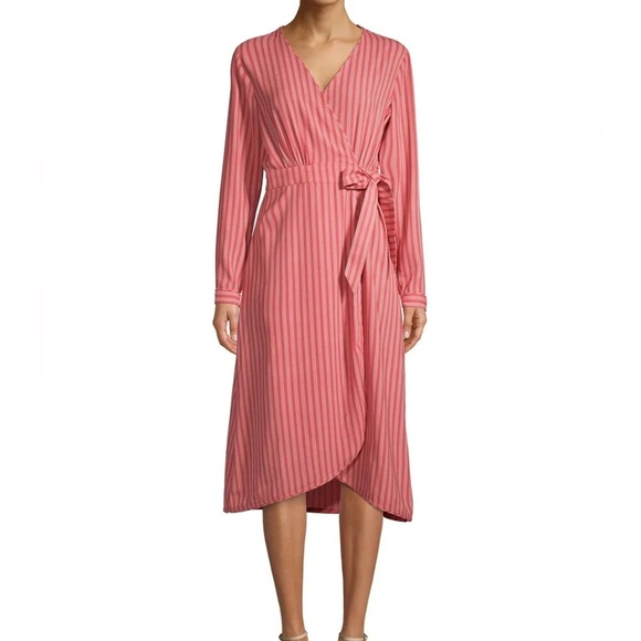 Time and Tru long sleeve wrap striped dress size large , tie front pink - Picture 1 of 7
